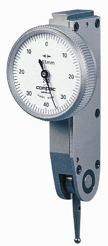 Brown & Sharpe TESA 242G Compac Lever Dial Test Indicator, Horizontal Type, One Revolution Type, White Dial, 0-40-0 Reading, 40mm Dial Dia, 0-0.8mm Range, 0.01mm Graduation, -0.013mm Accuracy