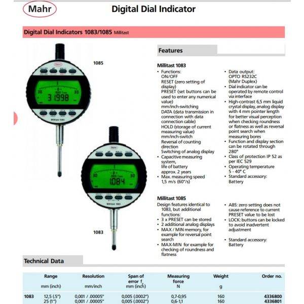 Mahr 4336801 Digital Indicators Accuracy:.005mm/.0002'', 25mm/1.000'' Resolution: .001mm/.00005 Stem: 8mm 1083 Millitast