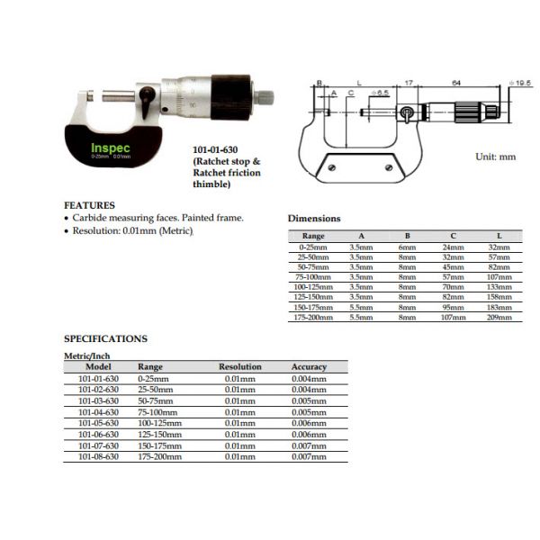 Inspec Quick Feed Micrometer 101-01-631 Range 0-1" x .0001" Large Thimble