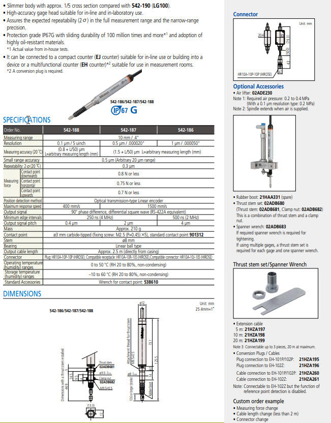 Linear Gauge LG200-0110 542-186 10mm /.4" Range .001mm/.00005"