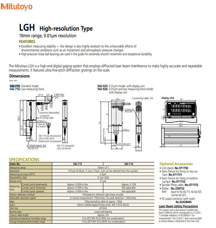 Laser Hologauge LGH-1010-B-EH 542-721D Resolution .005mm Accuracy .1µm Range 10mm x .4" Low Force