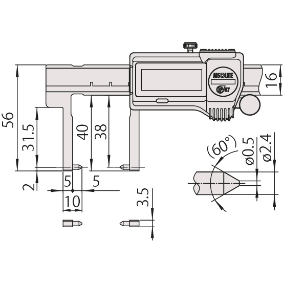 Mitutoyo Digital ABS Neck Point Jaw Caliper Inch/Metric, 0-6", IP67, Thumb Roller 573-752-20