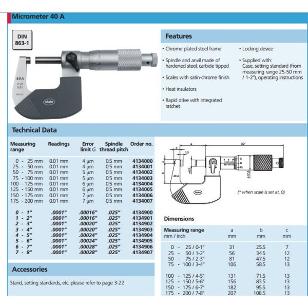 Mahr 4134050 set of outside micrometers 0-100mm Graduation .01mm