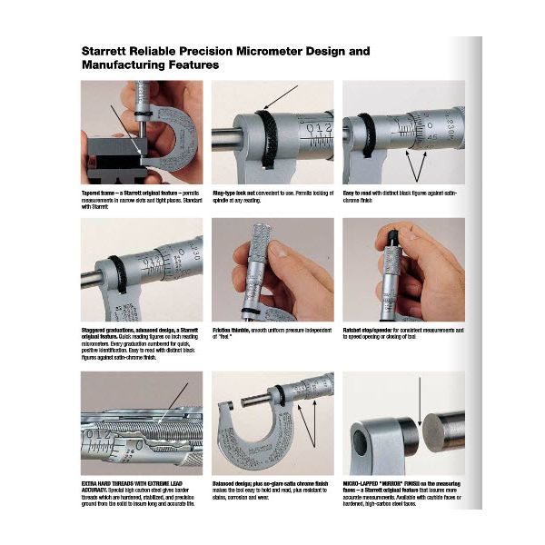 Starrett T230XFL Outside Micrometer includes 0-1" range, friction thimble, lock nut, carbide face, 0-1" Range, .0001" Grad, Carbide Faces, Friction Thimble, Lock Nut.