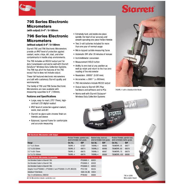 Starrett 795MEXFL-25 Electronic Micrometers (0-1-Inch/0-25mm) provide an IP67 protection with RS232 output