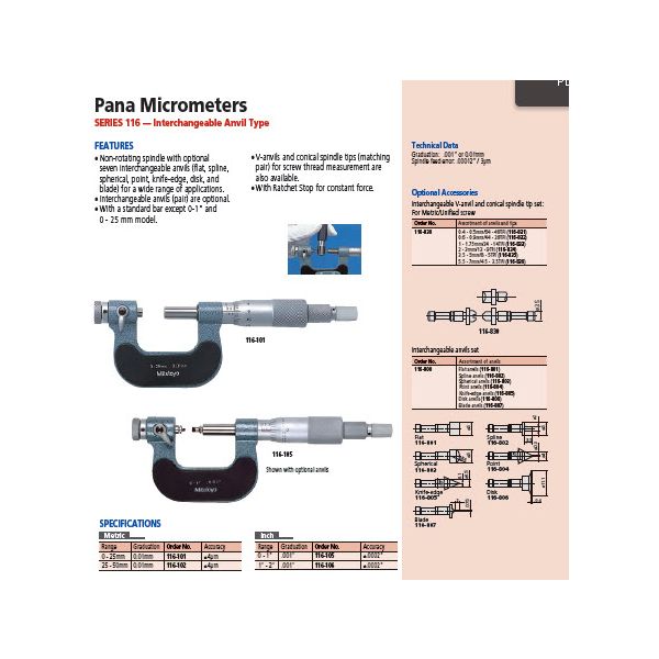 Universal Micrometer Interchangeable Avil/Spindle, 0-25mm 116-101-10