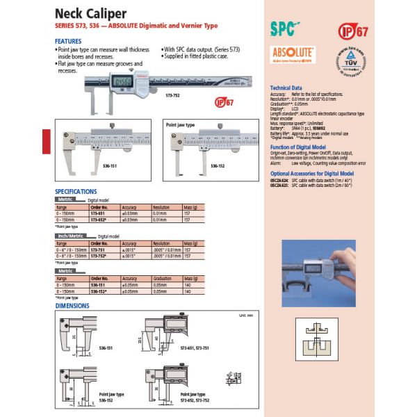 Mitutoyo Digital ABS Neck Point Jaw Caliper Inch/Metric, 0-6", IP67, Thumb Roller 573-752-20