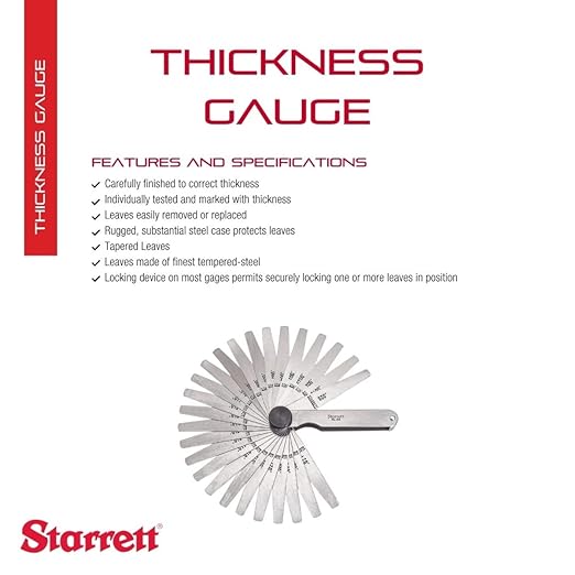 Starrett 66MA Metric Thickness Gauge 66 Thickness Gauges Tempered Steel Thickness Gauge, .05mm-1.0mm Range, 20 Leaves