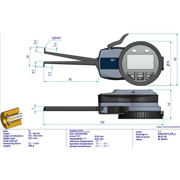 Mitutoyo 209-552 Groove Gauge Range : .40-1.20in/10-30mm Resolution : .0005in 0.01mm Accuracy : .0015"/0.03mm, Measuring Contacts : Ball .039''