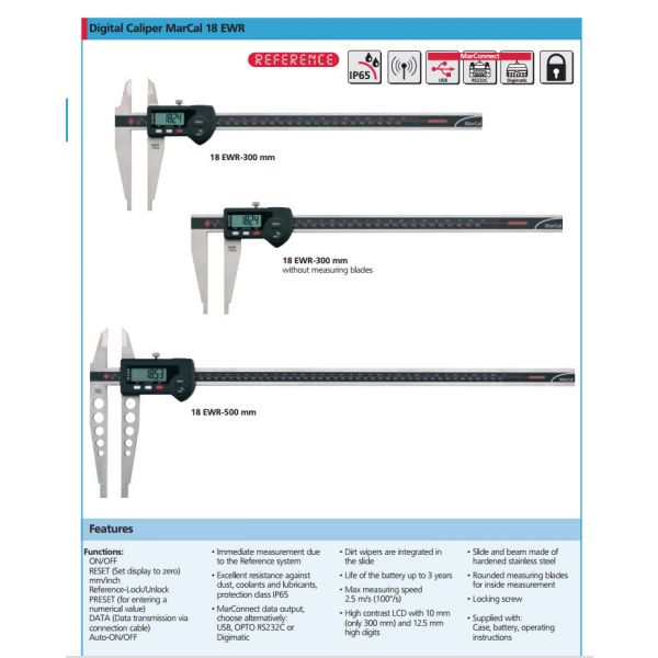 Mahr MarCal 4112704 Digital Caliper 18 EWR with blades, 12"/300mm, Resolution .01mm/.0005", Data Output , IP65