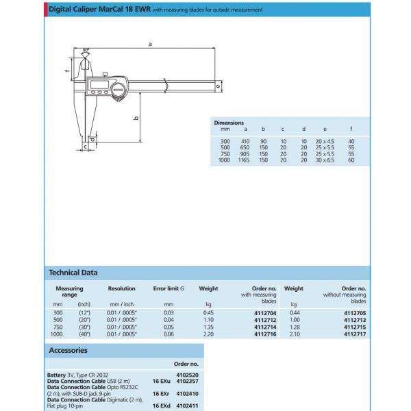 Mahr MarCal 4112715 Digital Caliper 18 EWR without blades, 36"/750mm, Resolution .01mm/.0005", Data Output , IP65