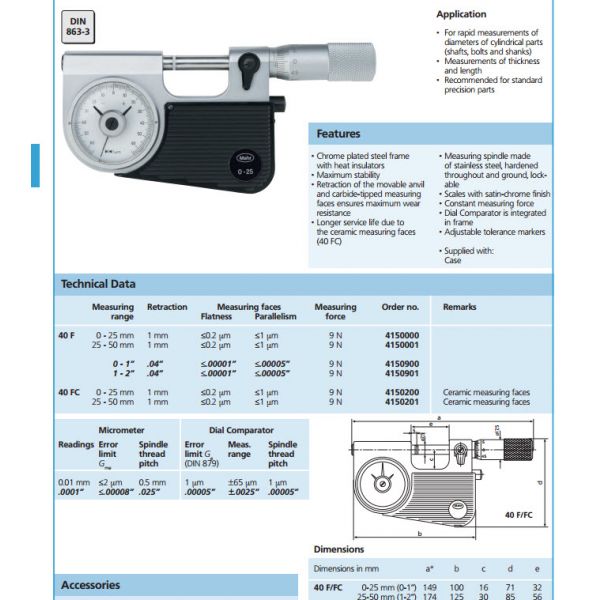 Mahr Indicating Micrometers with integrated Dial Comparator 40F/FC 25-50mm 4150001