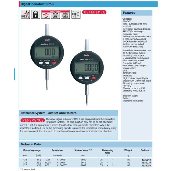 Mahr 4336020 Digital Indicators 1075 R : Range: 12.5mm/0.5" Resolution: 0.0001"/0.005mm Stem: 8mm Accuracy .015mm Force 0.5-1N