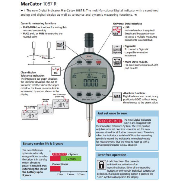 Mahr 4337160 Digital Indicators MarCator 1087 R, Range 12.5mm/.5'' Resolution 0.001 mm / .00005“ Accuracy 0.005mm Repeatability 0.002mm Force 0.65 - 0.90N Stem 8mm