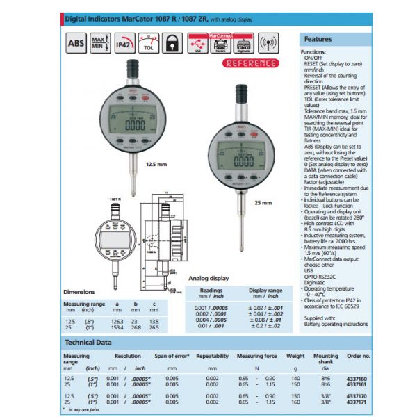 Mahr 4337171 Digital Indicators MarCator 1087 R, Range 25mm/1'' Resolution 0.001 mm / .00005“ Accuracy 0.005mm Repeatability 0.002mm Force 0.65 - 1.15N Stem 3/8''