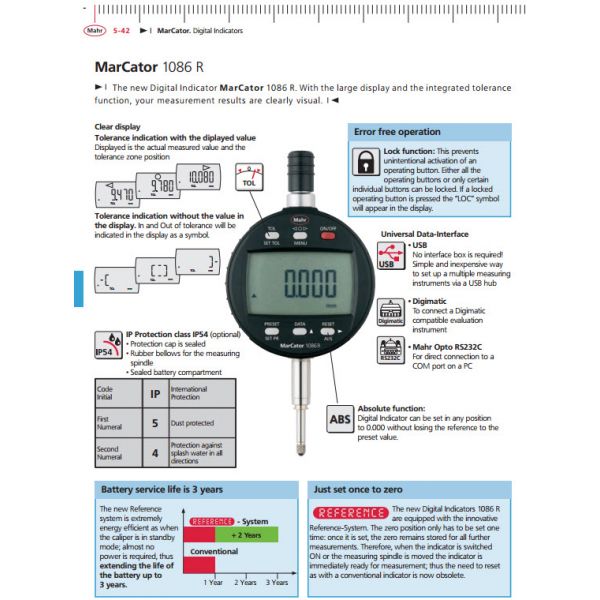 Mahr 4337121 Digital Indicators MarCator 1086 R, Range 25mm/1'' Resolution 0.001 mm / .00005“ Accuracy 0.005mm Repeatability 0.002mm Force 0.65 - 1.15N Stem 8mm