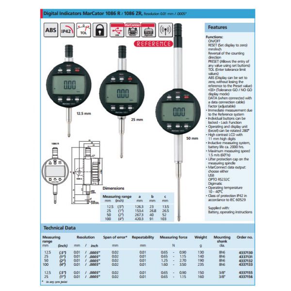 Mahr 4337132 Digital Indicators MarCator 1086 R, Range 50mm/2'' Resolution 0.01 mm / .0005“ Accuracy 0.02mm Repeatability 0.01mm Force 1.25- 2.70N Stem 8mm