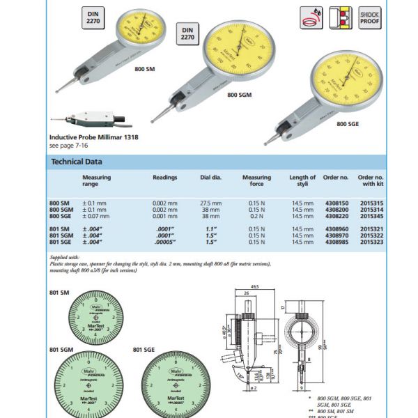 Mahr Test Indicators 4308200 Graduation: 0.002mm Model: 800SGM Range: .2mm Type: Metric Face 38mm