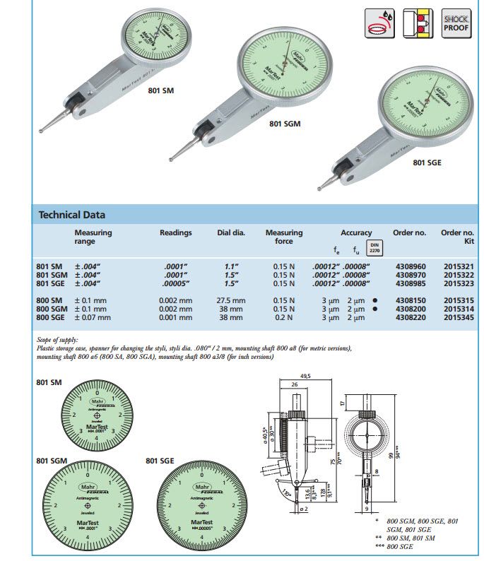 Mahr Test Indicators 4308985, Graduation: .00005", Model: 801SGE, Range: .008", Face diameter 1.5'', Force 0.15N