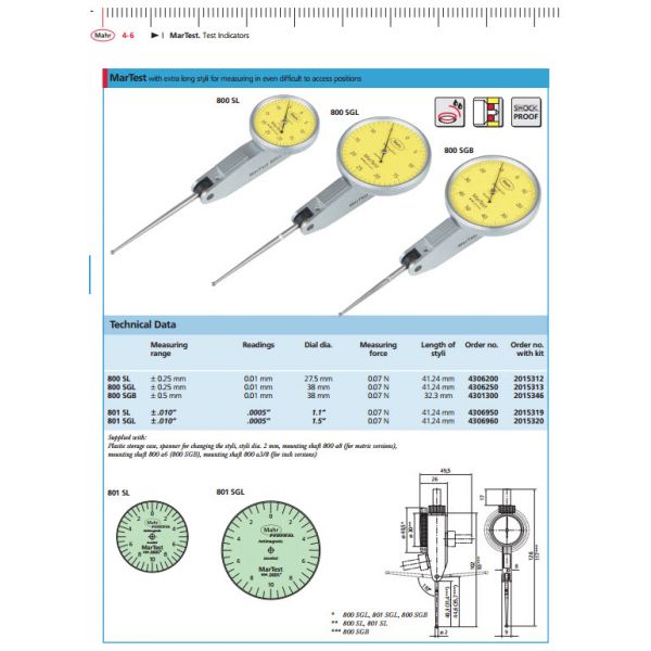 Mahr Test Indicators 4306250, Graduation: 0.01mm, Model: 800SGL, Range: 0.5mm, Type: Long Stylus 41.24mm, Face 38mm, Force .07N