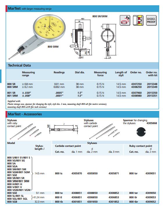 Mahr Large Travel Test Indicators 4307250, Graduation: 0.01mm, Model: 800SR, Range: 1.6mm, Type: Stylus 14.5mm, Face 38mm, Force .15N