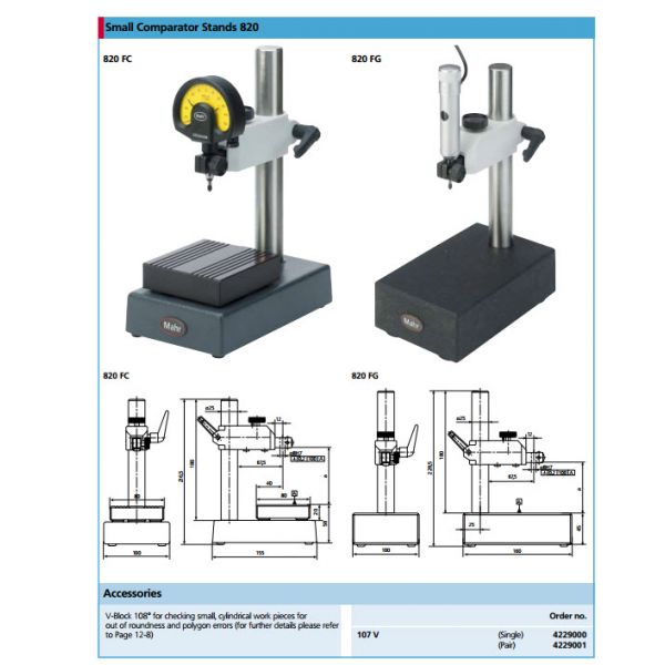 Mahr Indicator Granite Grade 0 Stand 820 FG Code 4431100 Working range 130mm/0-5.1'' working range, Mount Diameter 8mm With Fine Adjustment 0.2mm