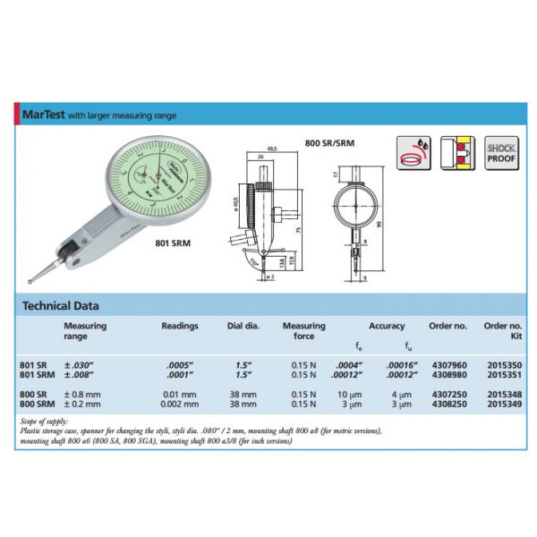 Mahr Test Indicators 4307960, Graduation: .0005", Model: 801SR, Range: .060", Face diameter 1.5, Force 0.15N Stylus Length .57