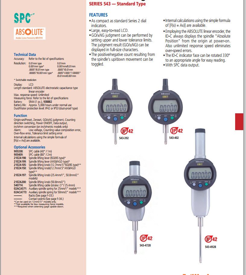 Mitutoyo 543-401B, IDC Digimatic Indicator, Resolution .0005"/0.01mm X .5"/12.7mm, 8mm Stem, Flat Back, Force 0.9N or less, Accuracy .001''/.02mm