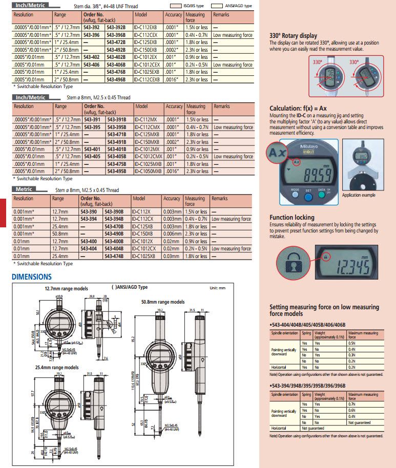 Mitutoyo 543-730B, IDC Digimatic Indicator, Metric Only Resolution 0.001mm X 50.8mm, 8mm Stem, Flat Back Force 2.3N or less, Accuracy .005mm