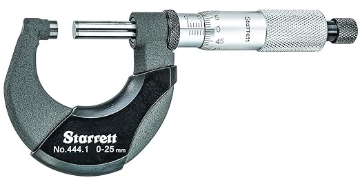 Starrett 444.1MXRL-25 Outside Micrometer, Ratchet Stop, Lock Nut, Carbide Faces, 25 mm Range, 0.01 mm Grad