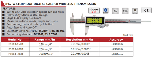 P1013-200B Pride Digital Caliper 0-200mm/0-8", IP67, With Output, Resolution 0.01mm(0.0005")