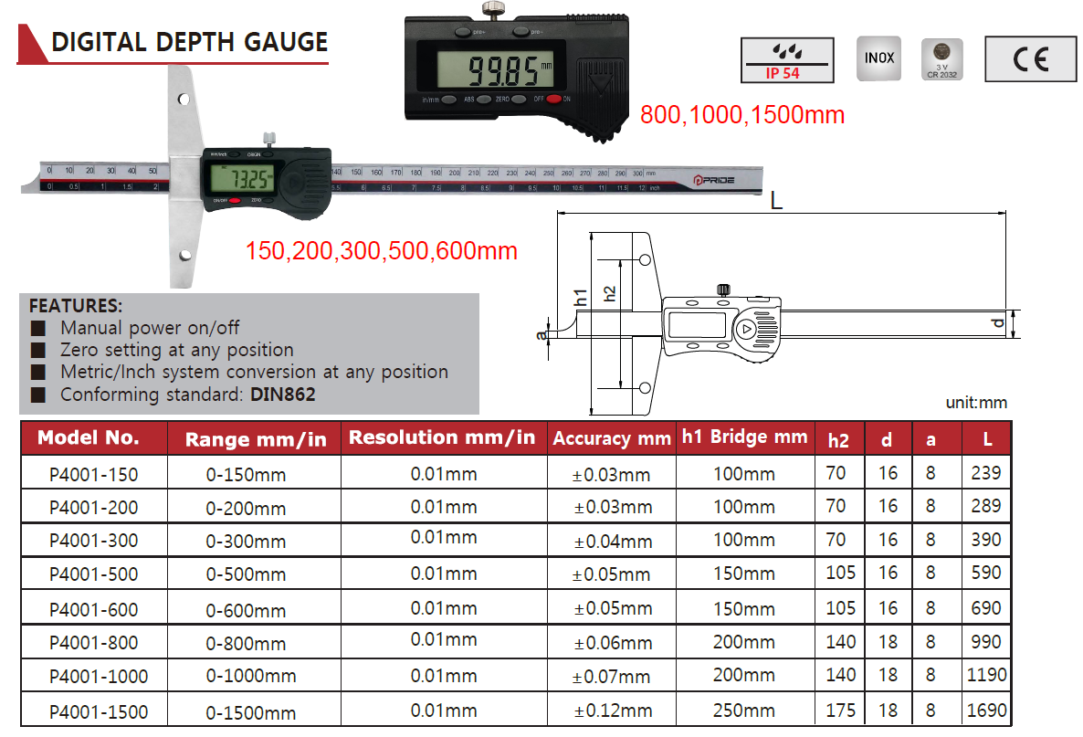 P4001-150 Digital Depth Gauge 0-150mm Jaw Size 100mm