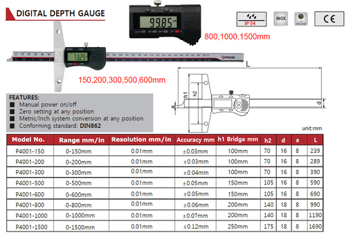 P4001-150 Digital Depth Gauge 0-150mm Jaw Size 100mm