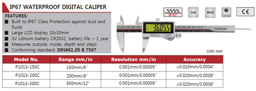 P1013-150C Pride Digital Caliper 0-150mm/0-6", IP67, No Output, Resolution 0.01mm(0.0005")