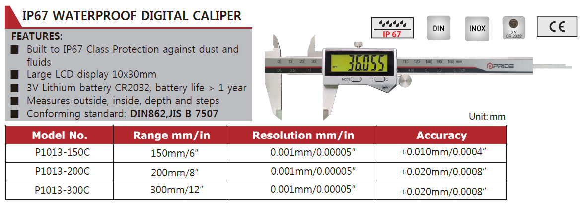 P1013-300C Pride Digital Caliper 0-300mm/0-12", IP67, No Output, Resolution 0.01mm(0.0005")