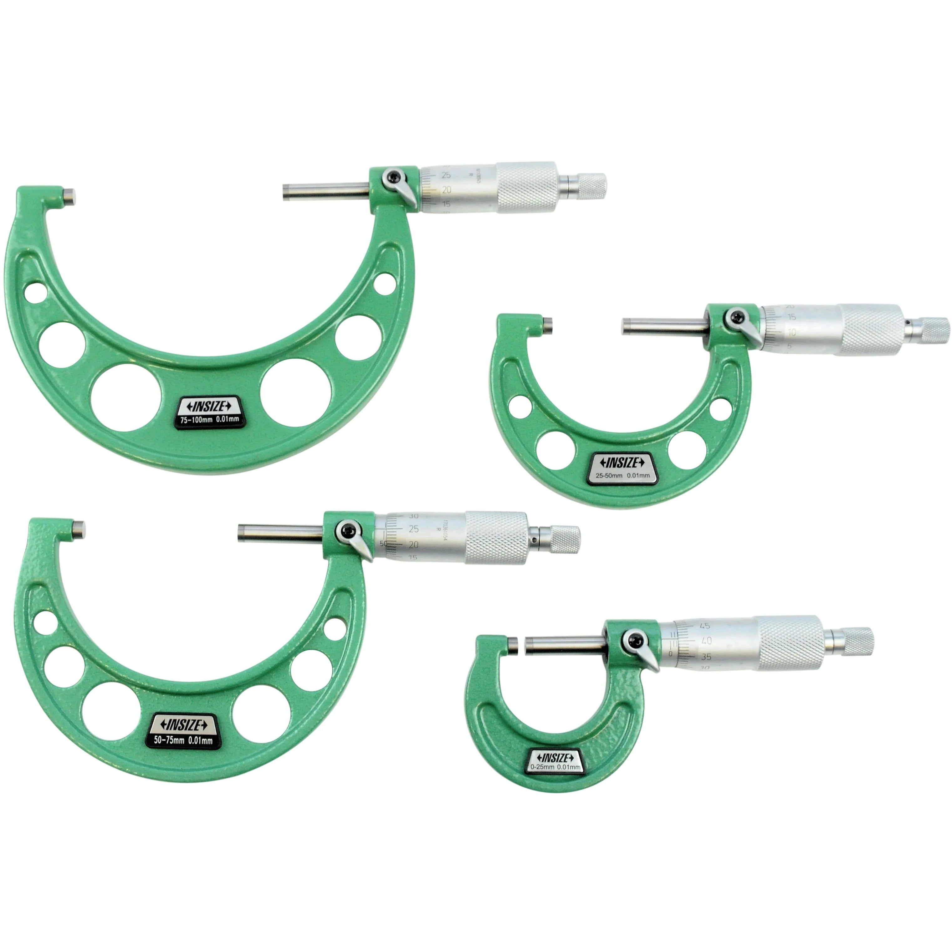 Insize Set of Insize Mechanical micrometers without heat shield, Range : 0-100mm Graduation : .01mm Number of Micrometers : 4, Ratchet 3203-1044