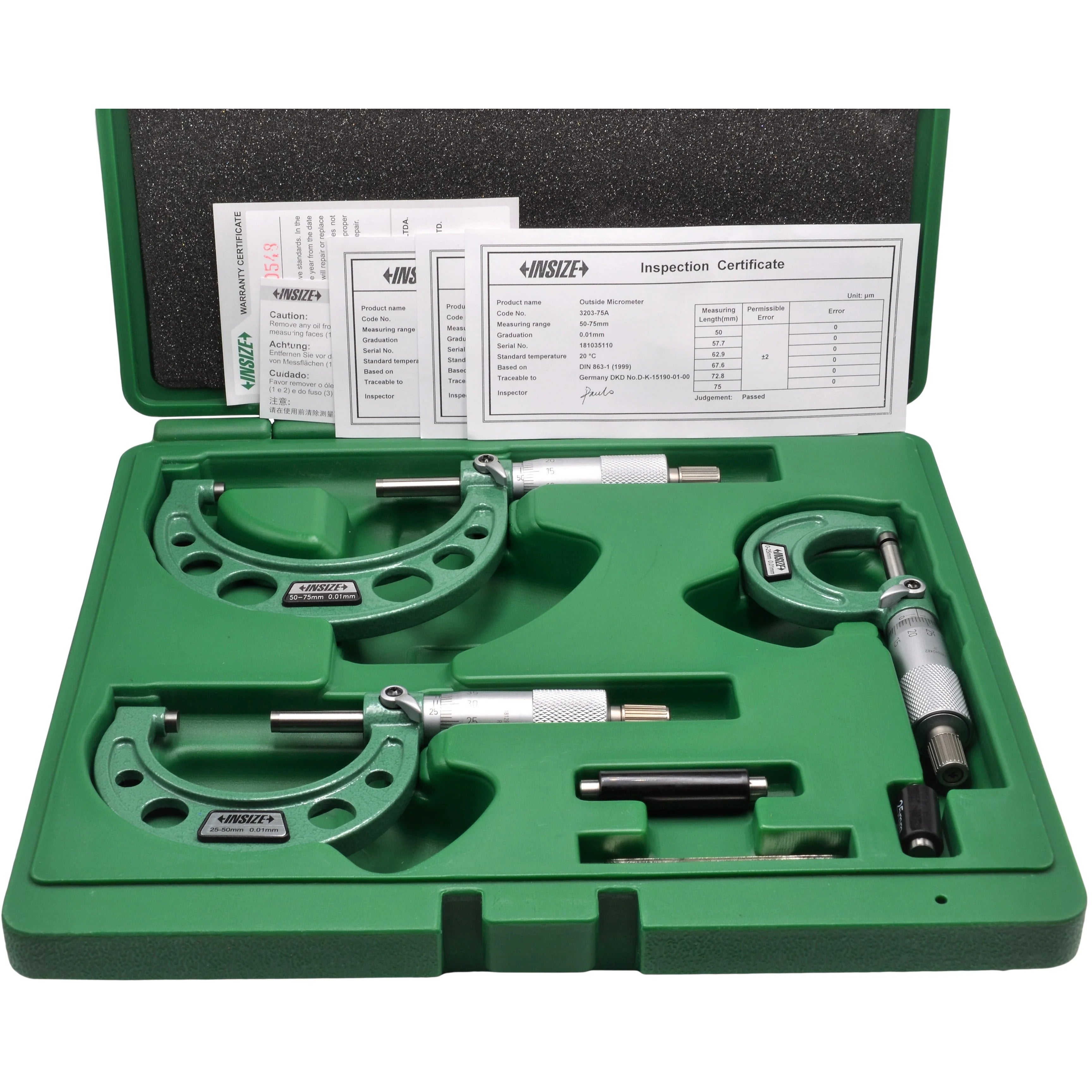 Insize Set Of Insize Mechanical micrometers without heat shield Range : 0-6" Graduation : .0001" Number of Micrometers : 6, Ratchet 3203-66