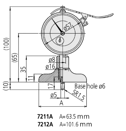 Mitutoyo Dial Indicator Depth Gauge 0-200mm, Ball Point Contact Element, 101,6mm Base 7212A