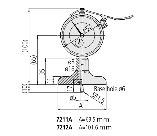 Mitutoyo Dial Indicator Depth Gauge 0-200mm, Ball Point Contact Element, 101,6mm Base 7212A