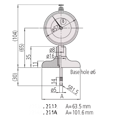 Mitutoyo Dial Indicator Depth Gauge 0-210mm, Ball Point Contact Element, 63,5mm Base 7214