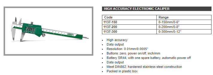 Insize High Accuracy Caliper 0-8"/0-200mm 1137-200 resolution .01mm/.0005"