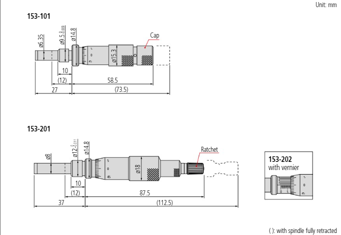 Micrometer Head Non-rotating Spindle 0-25mm, Ratched Stop, 0,001mm 153-202