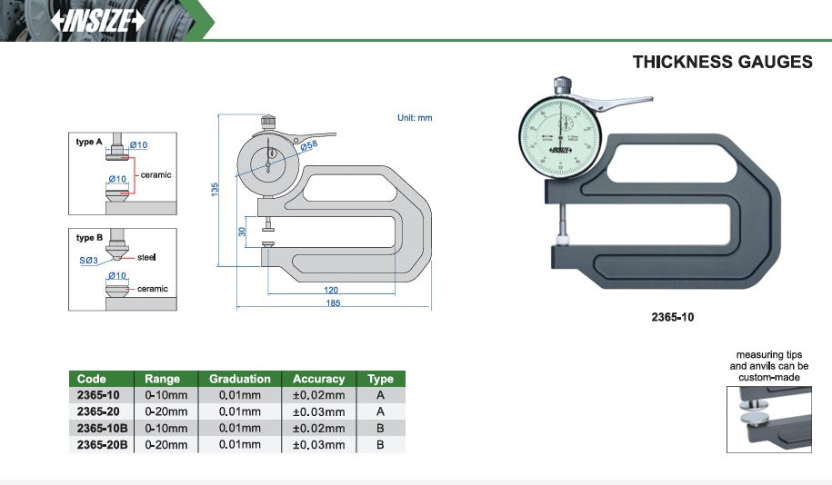 Insize Dial Indicator Thickness Gauge, 120mm Throat, 0-10mm 2365-10