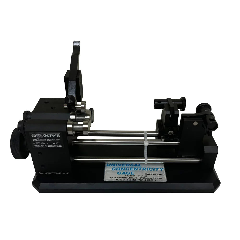 Universal Punch Concentricity Gage - K1-10 - Dual Indicator - w/ Standard & Side Carrier Part Diameters: 1/8” - 1” (3mm to 25mm) Part Lengths: up to 4” (102mm) 3/32” (1mm) Capacity with Zero Style Rollers, Accuracy .004mm/.00016"