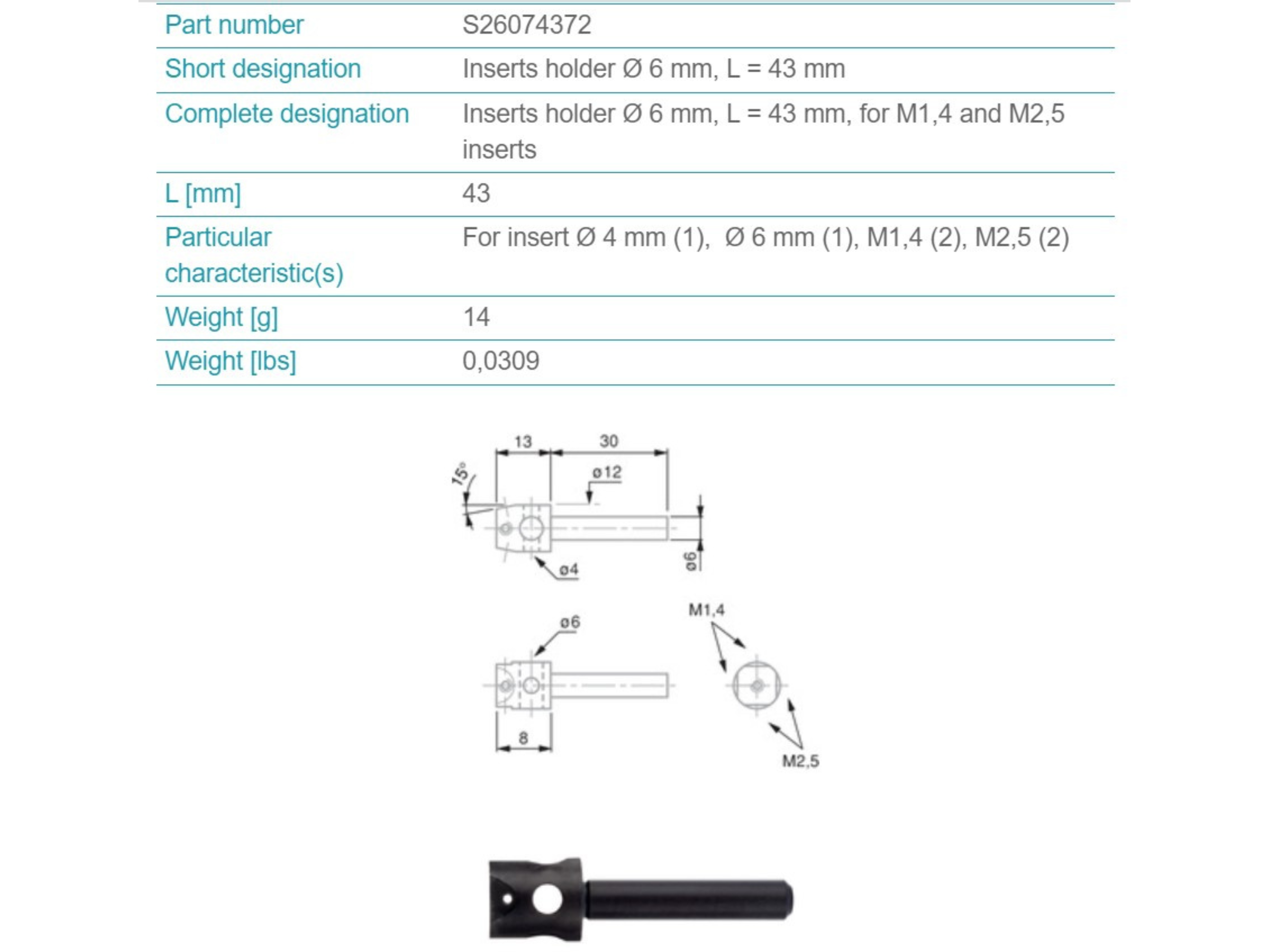 Insert Holder, Ø6mm Shank, S26074372