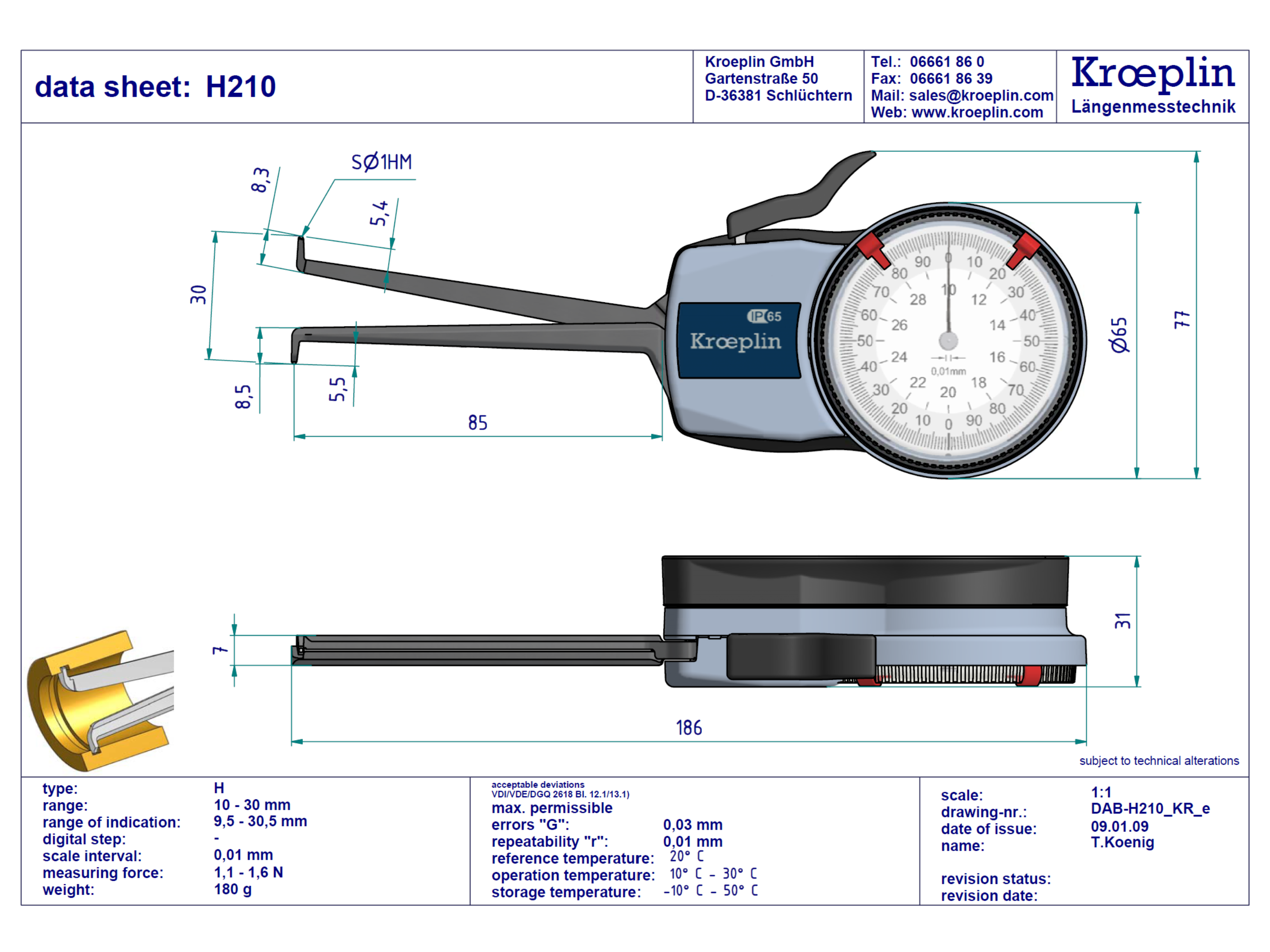 Metric Internal Caliper Gauge 10-30mm, 0.01mm, H210