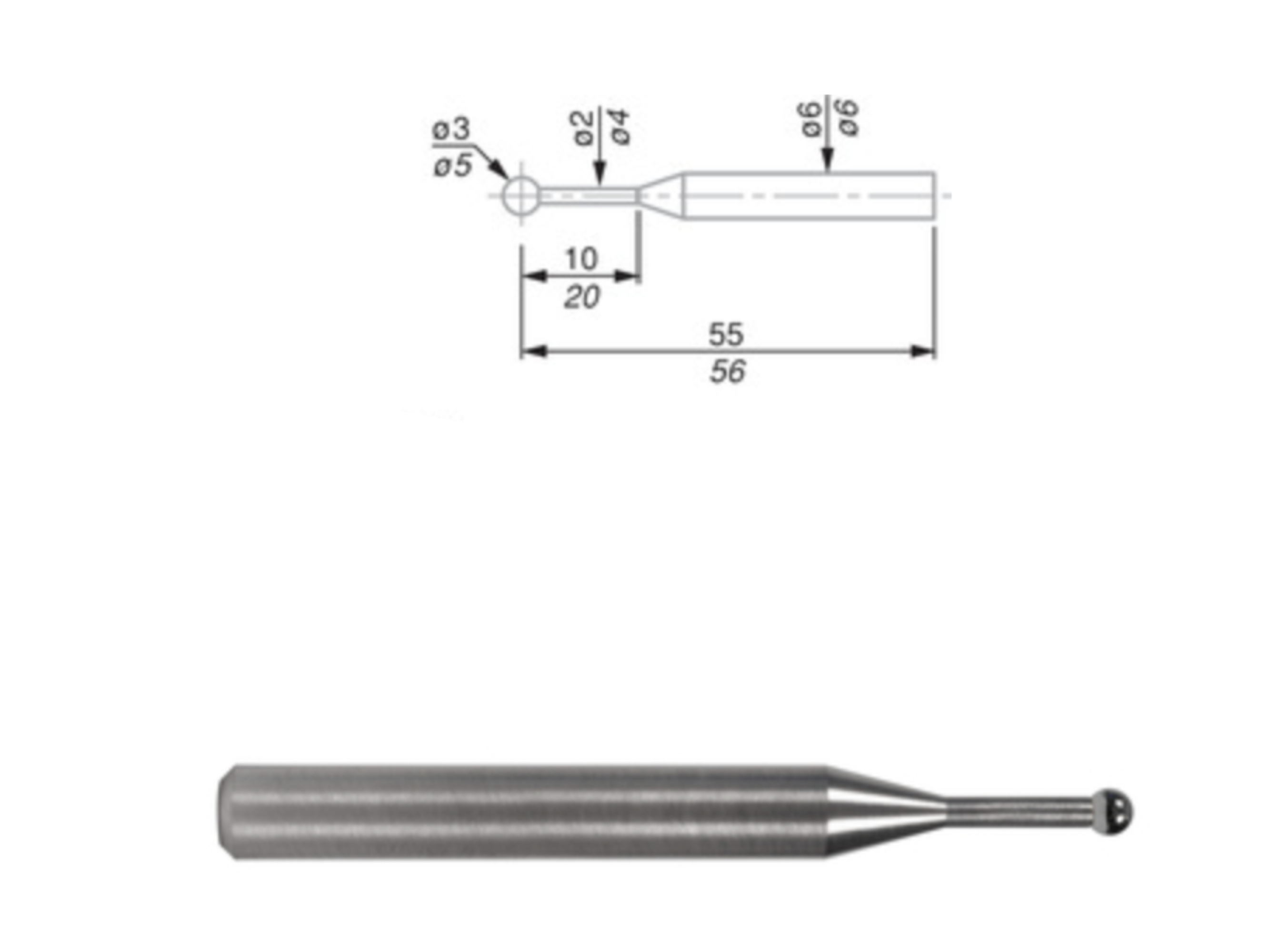 Ball Tip Insert, Carbide Ø 3 mm, L = 55 mm, Ø4mm Shank Fitting 00760058