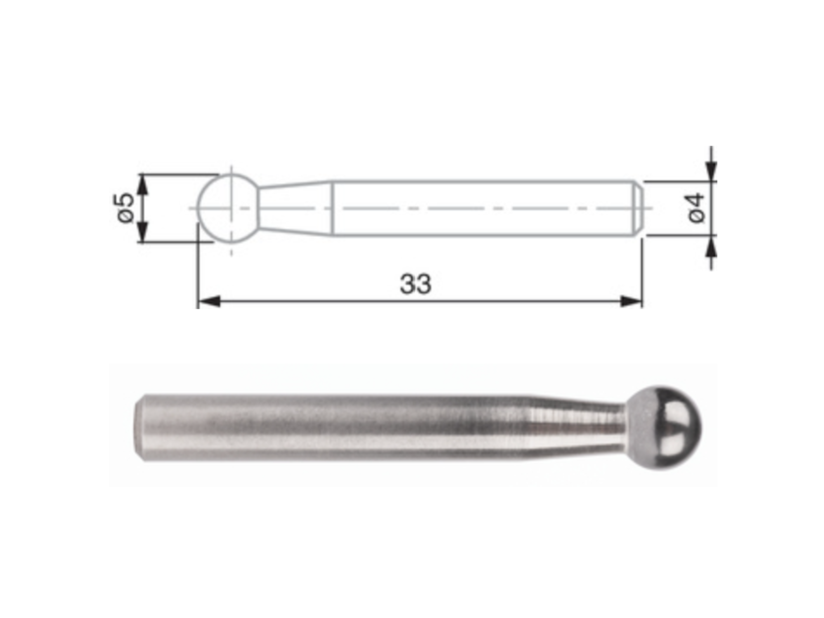 Ball Tip Insert, Carbide Ø 5 mm, L = 33 mm, Ø4mm Shank Fitting 00760200