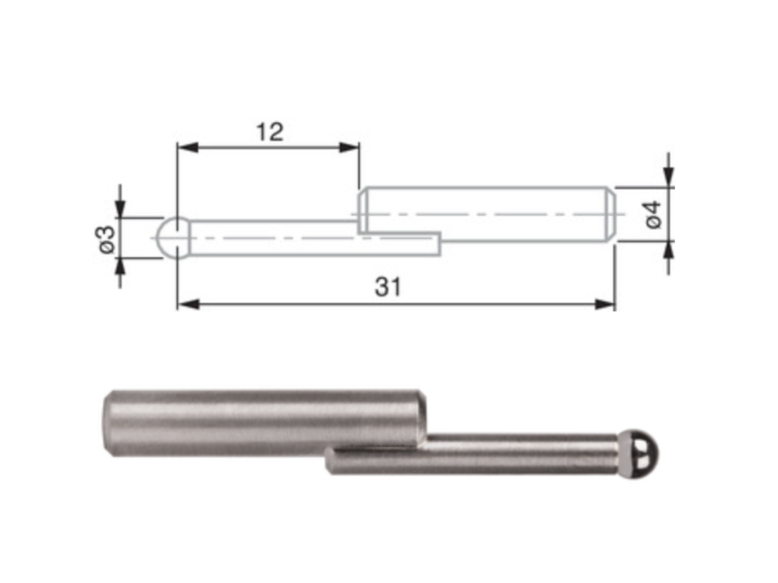 Ball Tip Insert, Carbide Ø 3 mm, L = 33 mm, Ø4mm Shank Fitting 00760201