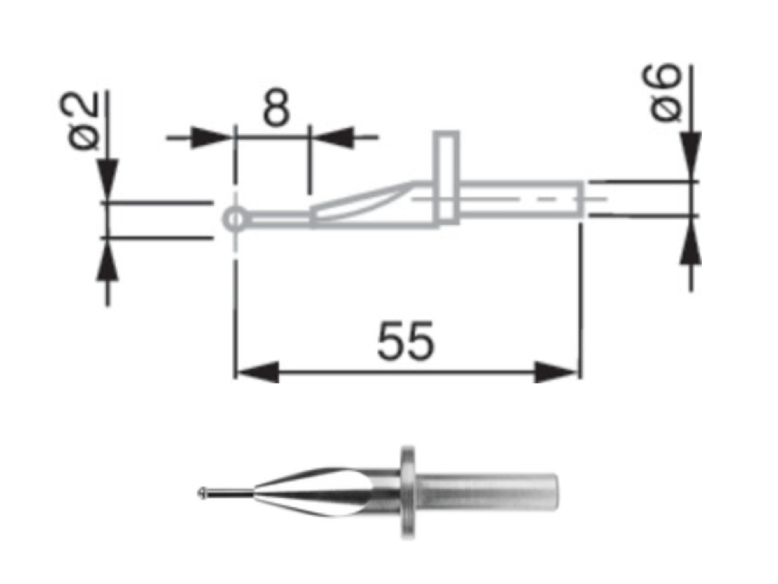 Tesa Ball Tip Probe Carbide, Ø6mm Shank, Ø 2 mm, L = 55 mm 00760229